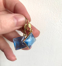 Load image into Gallery viewer, Blue Diamond Glass Drop Earrings, Blue Gem & Gold Tone Dangle Earrings, Faceted Blue hook earrings, Vintage Components