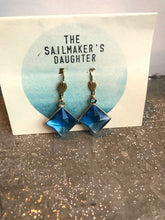 Load image into Gallery viewer, Blue Diamond Glass Drop Earrings, Blue Gem & Gold Tone Dangle Earrings, Faceted Blue hook earrings, Vintage Components