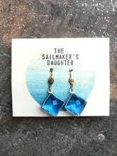 Load image into Gallery viewer, Blue Diamond Glass Drop Earrings, Blue Gem & Gold Tone Dangle Earrings, Faceted Blue hook earrings, Vintage Components