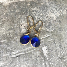 Load image into Gallery viewer, Dark Blue Glass Drop Earrings, Round Sapphire Blue Gem & Gold Tone Dangle Earrings, Faceted Rivoli Blue hook earrings, Vintage Components