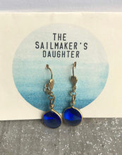 Load image into Gallery viewer, Dark Blue Glass Drop Earrings, Round Sapphire Blue Gem & Gold Tone Dangle Earrings, Faceted Rivoli Blue hook earrings, Vintage Components