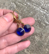 Load image into Gallery viewer, Dark Blue Glass Drop Earrings, Round Sapphire Blue Gem & Gold Tone Dangle Earrings, Faceted Rivoli Blue hook earrings, Vintage Components