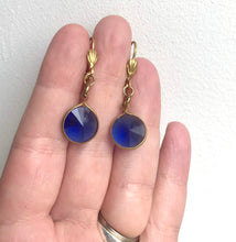 Load image into Gallery viewer, Dark Blue Glass Drop Earrings, Round Sapphire Blue Gem & Gold Tone Dangle Earrings, Faceted Rivoli Blue hook earrings, Vintage Components
