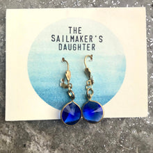 Load image into Gallery viewer, Dark Blue Glass Drop Earrings, Round Sapphire Blue Gem & Gold Tone Dangle Earrings, Faceted Rivoli Blue hook earrings, Vintage Components