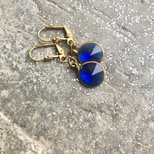 Load image into Gallery viewer, Dark Blue Glass Drop Earrings, Round Sapphire Blue Gem & Gold Tone Dangle Earrings, Faceted Rivoli Blue hook earrings, Vintage Components