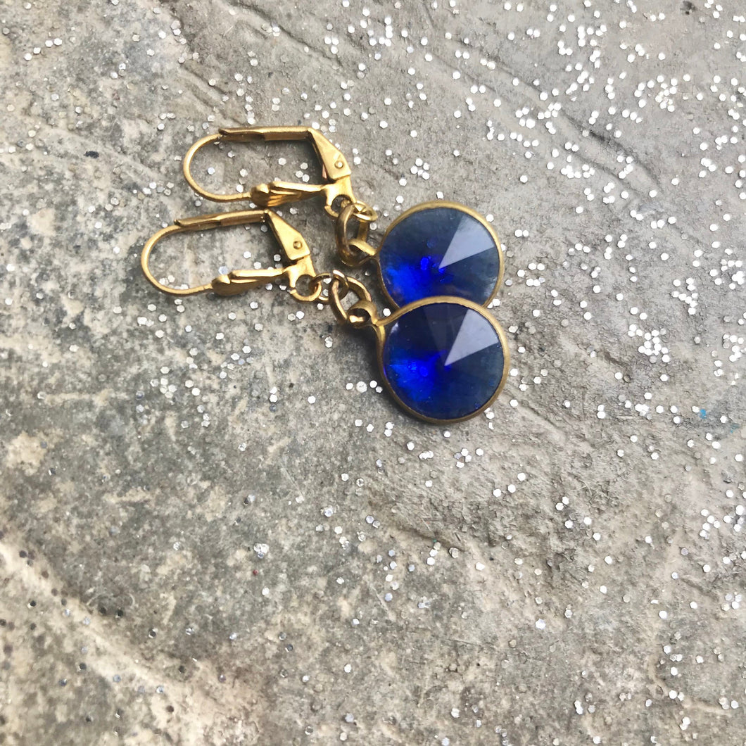 Dark Blue Glass Drop Earrings, Round Sapphire Blue Gem & Gold Tone Dangle Earrings, Faceted Rivoli Blue hook earrings, Vintage Components