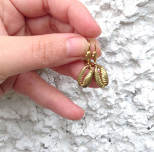 Load image into Gallery viewer, Golden Shell Earrings Brass Puka Shell Dangle Earrings, Gold Tone Shell hook earrings Brass Shell Earrings