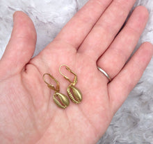 Load image into Gallery viewer, Golden Shell Earrings Brass Puka Shell Dangle Earrings, Gold Tone Shell hook earrings Brass Shell Earrings