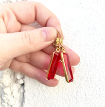 Load image into Gallery viewer, Large Red Glass Drop Earrings, Bright Red Gem & Gold Tone Dangle Earrings