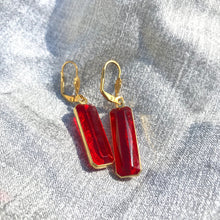 Load image into Gallery viewer, Large Red Glass Drop Earrings, Bright Red Gem & Gold Tone Dangle Earrings