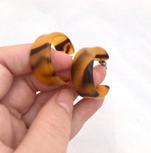 Load image into Gallery viewer, Vintage Thick Hoop Earrings Orange & Brown Plastic earrings, Big 80s earrings Animal print earrings