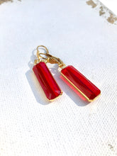 Load image into Gallery viewer, Large Red Glass Drop Earrings, Bright Red Gem & Gold Tone Dangle Earrings
