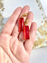 Load image into Gallery viewer, Large Red Glass Drop Earrings, Bright Red Gem & Gold Tone Dangle Earrings