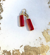 Load image into Gallery viewer, Large Red Glass Drop Earrings, Bright Red Gem & Gold Tone Dangle Earrings