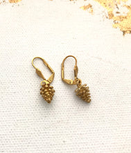 Load image into Gallery viewer, Gold Pine Cone Earrings Brass Tiny Pine Cone Dangle Earrings, Gold Tone Forest hook earrings Brass Pine cone Earrings