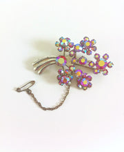 Load image into Gallery viewer, Vintage Pink Aurora Borealis Rhinestone Brooch, Pink crystal pin & safety chain, Diamante Bouquet Brooch 1950s Costume Jewelry Brooch AB Mod