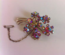 Load image into Gallery viewer, Vintage Pink Aurora Borealis Rhinestone Brooch, Pink crystal pin & safety chain, Diamante Bouquet Brooch 1950s Costume Jewelry Brooch AB Mod