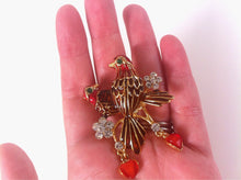 Load image into Gallery viewer, Enamel Bird Brooch Love Birds Rhinestone Birds Gold tone Brooch Red Enamel, Figural Bird pin with Flowers & Hearts Champleve Cloisonne pin