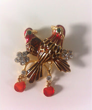 Load image into Gallery viewer, Enamel Bird Brooch Love Birds Rhinestone Birds Gold tone Brooch Red Enamel, Figural Bird pin with Flowers & Hearts Champleve Cloisonne pin