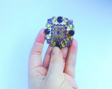 Load image into Gallery viewer, Large Vintage Purple and Gold Brooch, Regal Purple Rhinestone Gold Toned Brooch