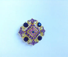 Load image into Gallery viewer, Large Vintage Purple and Gold Brooch, Regal Purple Rhinestone Gold Toned Brooch