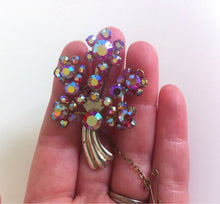 Load image into Gallery viewer, Vintage Pink Aurora Borealis Rhinestone Brooch, Pink crystal pin & safety chain, Diamante Bouquet Brooch 1950s Costume Jewelry Brooch AB Mod