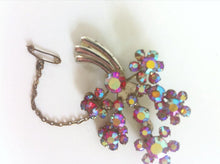 Load image into Gallery viewer, Vintage Pink Aurora Borealis Rhinestone Brooch, Pink crystal pin & safety chain, Diamante Bouquet Brooch 1950s Costume Jewelry Brooch AB Mod