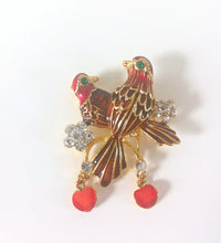 Load image into Gallery viewer, Enamel Bird Brooch Love Birds Rhinestone Birds Gold tone Brooch Red Enamel, Figural Bird pin with Flowers & Hearts Champleve Cloisonne pin