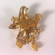 Load image into Gallery viewer, Enamel Bird Brooch Love Birds Rhinestone Birds Gold tone Brooch Red Enamel, Figural Bird pin with Flowers & Hearts Champleve Cloisonne pin