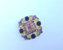 Load image into Gallery viewer, Large Vintage Purple and Gold Brooch, Regal Purple Rhinestone Gold Toned Brooch