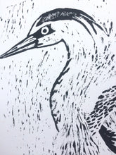 Load image into Gallery viewer, HERON Lino Print Bird Art Stork linoprint, One Unframed A4 Linocut Print of Wild Bird, Wildlife Art hand Pulled Black Ink Print Limited Edit