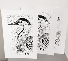 Load image into Gallery viewer, HERON Lino Print Bird Art Stork linoprint, One Unframed A4 Linocut Print of Wild Bird, Wildlife Art hand Pulled Black Ink Print Limited Edit