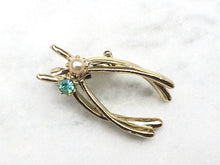 Load image into Gallery viewer, Vintage Wishbone Brooch Wishbones Pin, Gold brooch with Blue Rhinestone & Faux Pearl