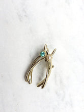 Load image into Gallery viewer, Vintage Wishbone Brooch Wishbones Pin, Gold brooch with Blue Rhinestone & Faux Pearl
