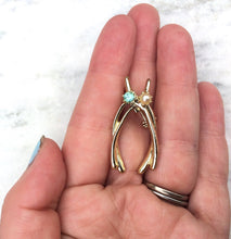 Load image into Gallery viewer, Vintage Wishbone Brooch Wishbones Pin, Gold brooch with Blue Rhinestone & Faux Pearl