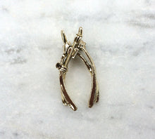 Load image into Gallery viewer, Vintage Wishbone Brooch Wishbones Pin, Gold brooch with Blue Rhinestone & Faux Pearl