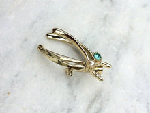 Load image into Gallery viewer, Vintage Wishbone Brooch Wishbones Pin, Gold brooch with Blue Rhinestone & Faux Pearl