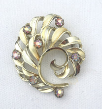 Load image into Gallery viewer, Vintage Gold Swirl Brooch with Aurora Borealis Rhinestones, Vintage Gold Rhinestone Brooch