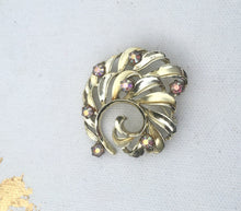 Load image into Gallery viewer, Vintage Gold Swirl Brooch with Aurora Borealis Rhinestones, Vintage Gold Rhinestone Brooch