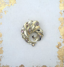Load image into Gallery viewer, Vintage Gold Swirl Brooch with Aurora Borealis Rhinestones, Vintage Gold Rhinestone Brooch