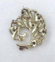 Load image into Gallery viewer, Vintage Gold Swirl Brooch with Aurora Borealis Rhinestones, Vintage Gold Rhinestone Brooch