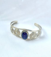 Load image into Gallery viewer, Alpaca Silver Bangle with Purple Cabochon Bracelet, Silver swirls cuff
