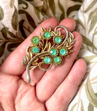 Load image into Gallery viewer, Gold Tone &amp; Green Gem floral Brooch Mid Century
