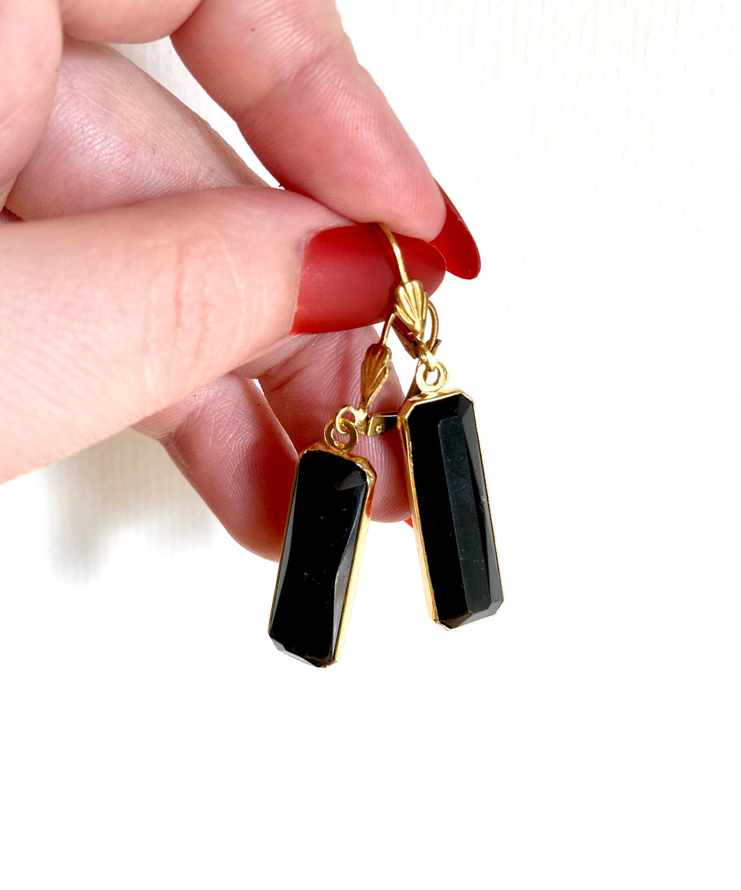 Large Black Glass Drop Earrings, Black Gem & Gold Tone Dangle Earrings