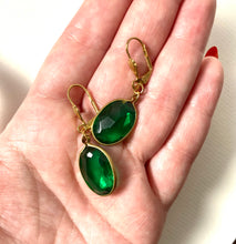 Load image into Gallery viewer, Green Oval Cut Gem Earrings, Acrylic Emerald Channel set Green glass

