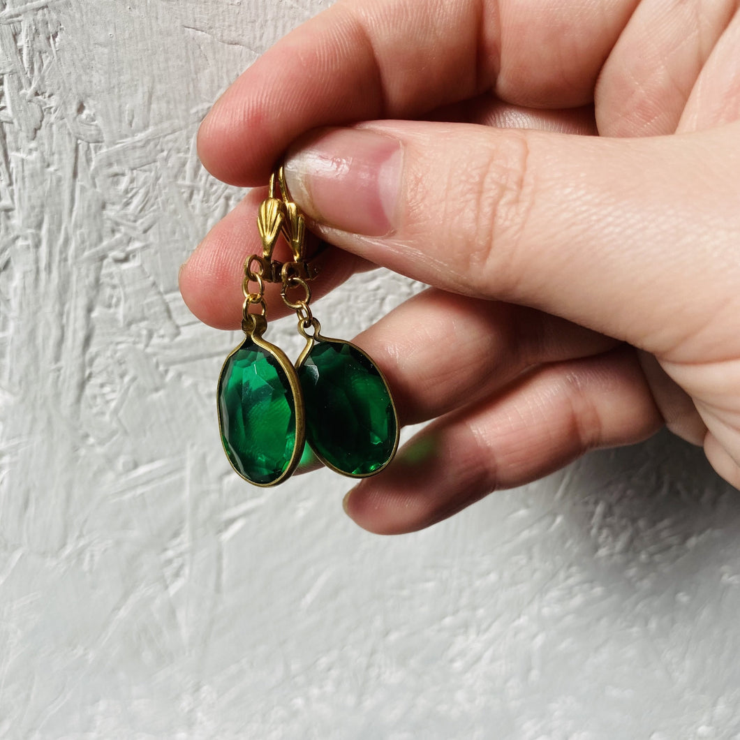 Green Oval Cut Gem Earrings, Acrylic Emerald Channel set Green glass
