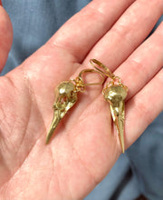 Load image into Gallery viewer, Bird Skull Earrings, Gold tone Bird Skull hook earrings
