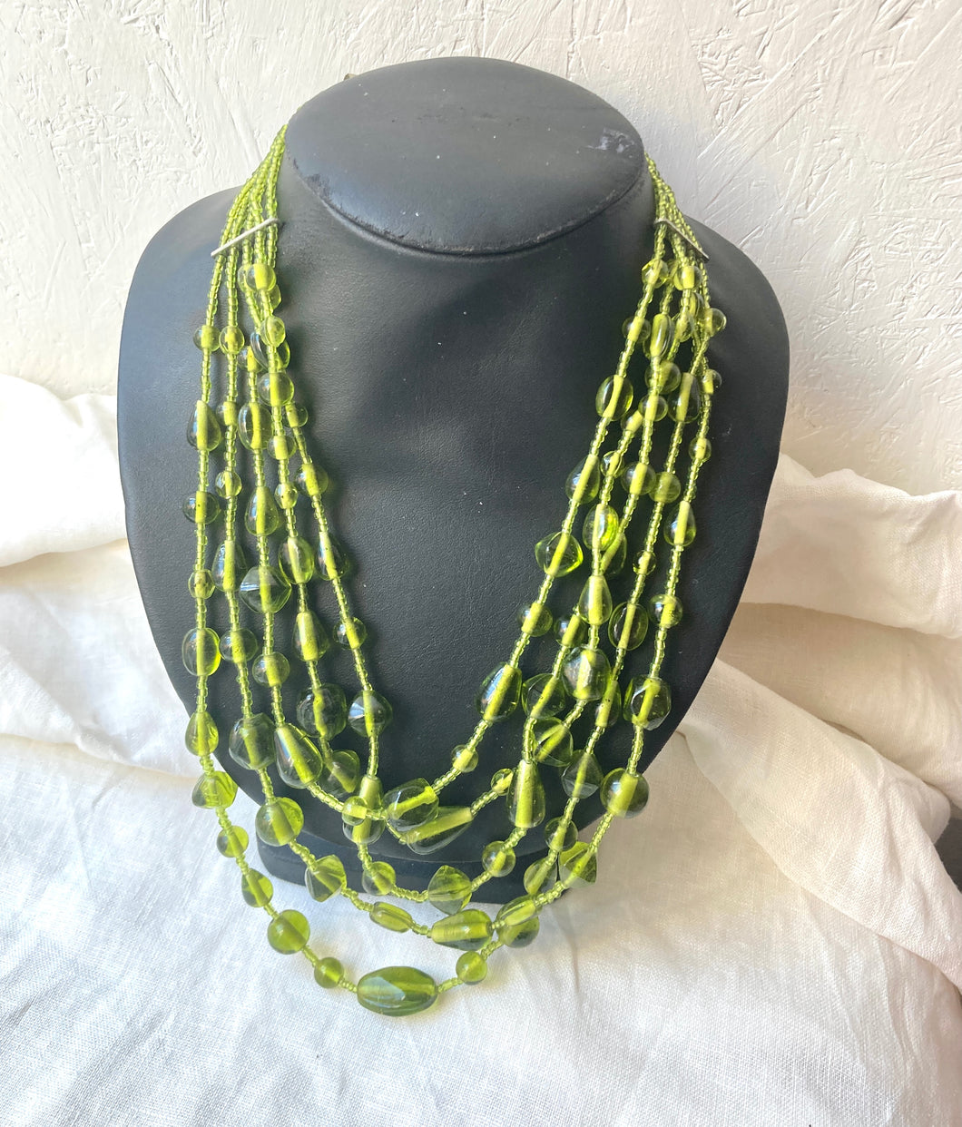Vintage Green Glass 5 Stranded Beaded Necklace