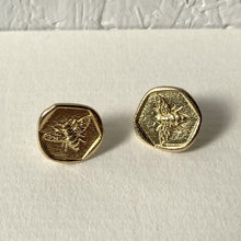 Load image into Gallery viewer, gold tone bee stud earrings circular coin style studs
