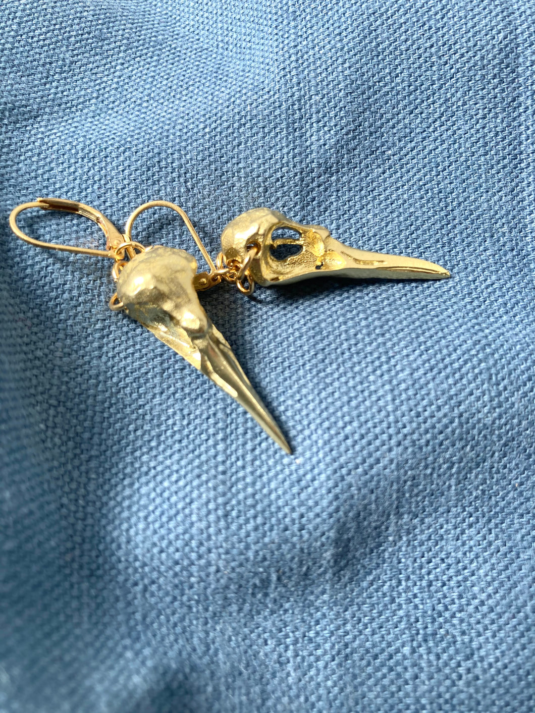 Bird Skull Earrings, Gold tone Bird Skull hook earrings